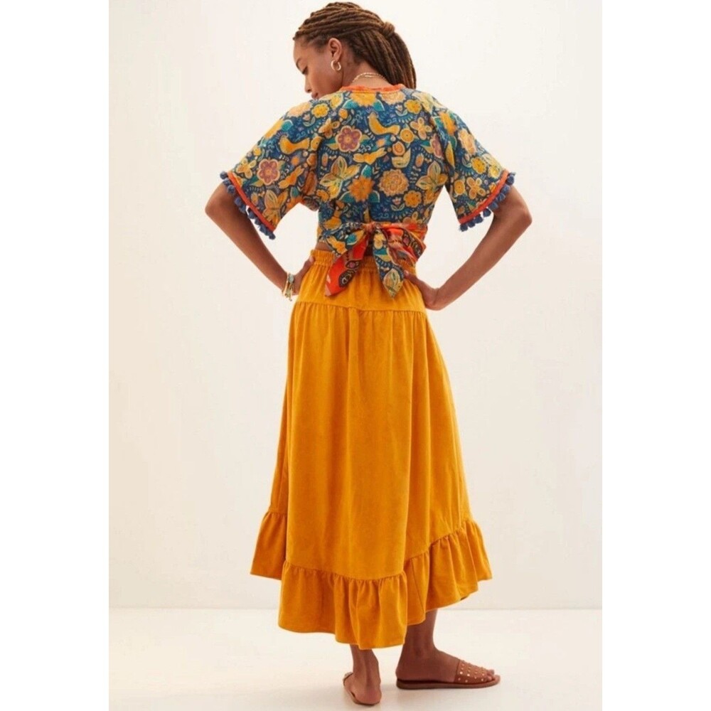 by Anthropologie Yoked Faux Suede Maxi Boho Skirt Size XS Marigold Yellow - Picture 2 of 11